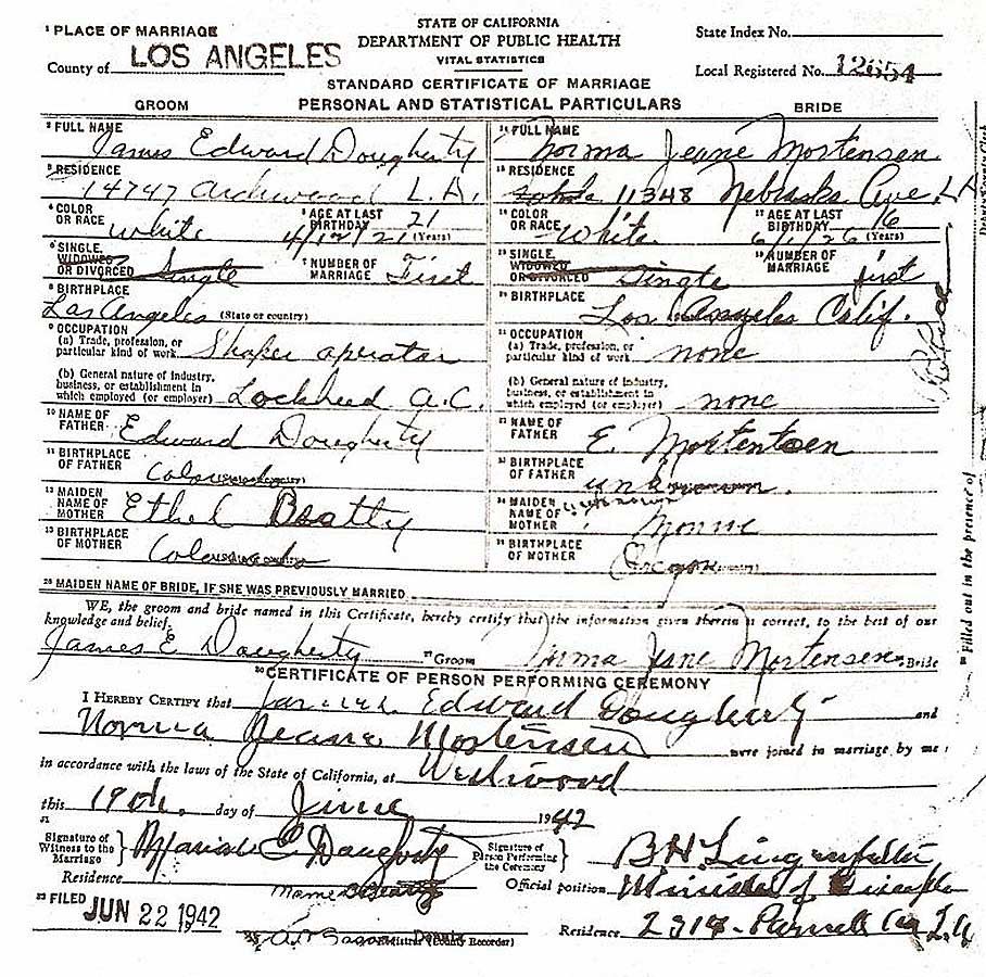 Свидетельство о браке Мэрилин Монро. 1942 год